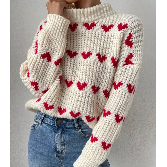 BellanBlue Sweaters - Cozy Heart Print Turtleneck Knit Oversized Sweater